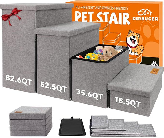 Dog Stairs with Storage 23" H, 4-Step Wider Dog Steps for High Beds Window, Folding Sturdy Pet Stairs Gift for Injured Old Dogs Cats, Ramp for Climbing Car Up to 200 lbs,(Gray, No Condo)