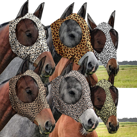 Chunful 6 Pcs Horse Fly Masks with Ears Smooth and Comfortable Cashel Mesh Fly Mask Elasticity Breathability UV Protection Horse Face Covering for Riding Supplies(Leopard,Medium)