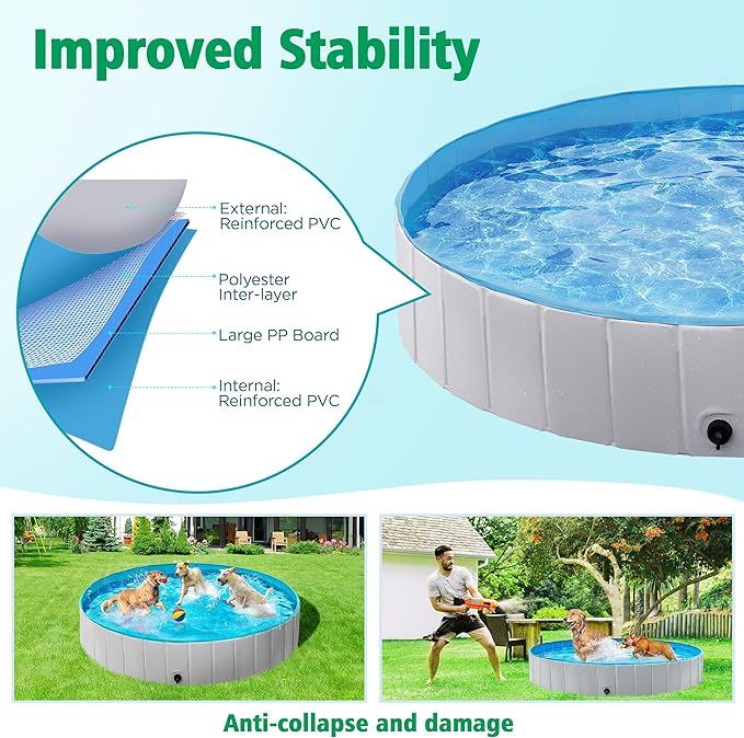 Yaheetech Foldable Dog Pools 71 x 12 Inches Collapsible Hard Plastic Pets Swimming Pool Portable Puppy Bath Tub Cat Shower Pet Wading Pool for Outdoor/Indoor w/Pet Repair Patches, Gray