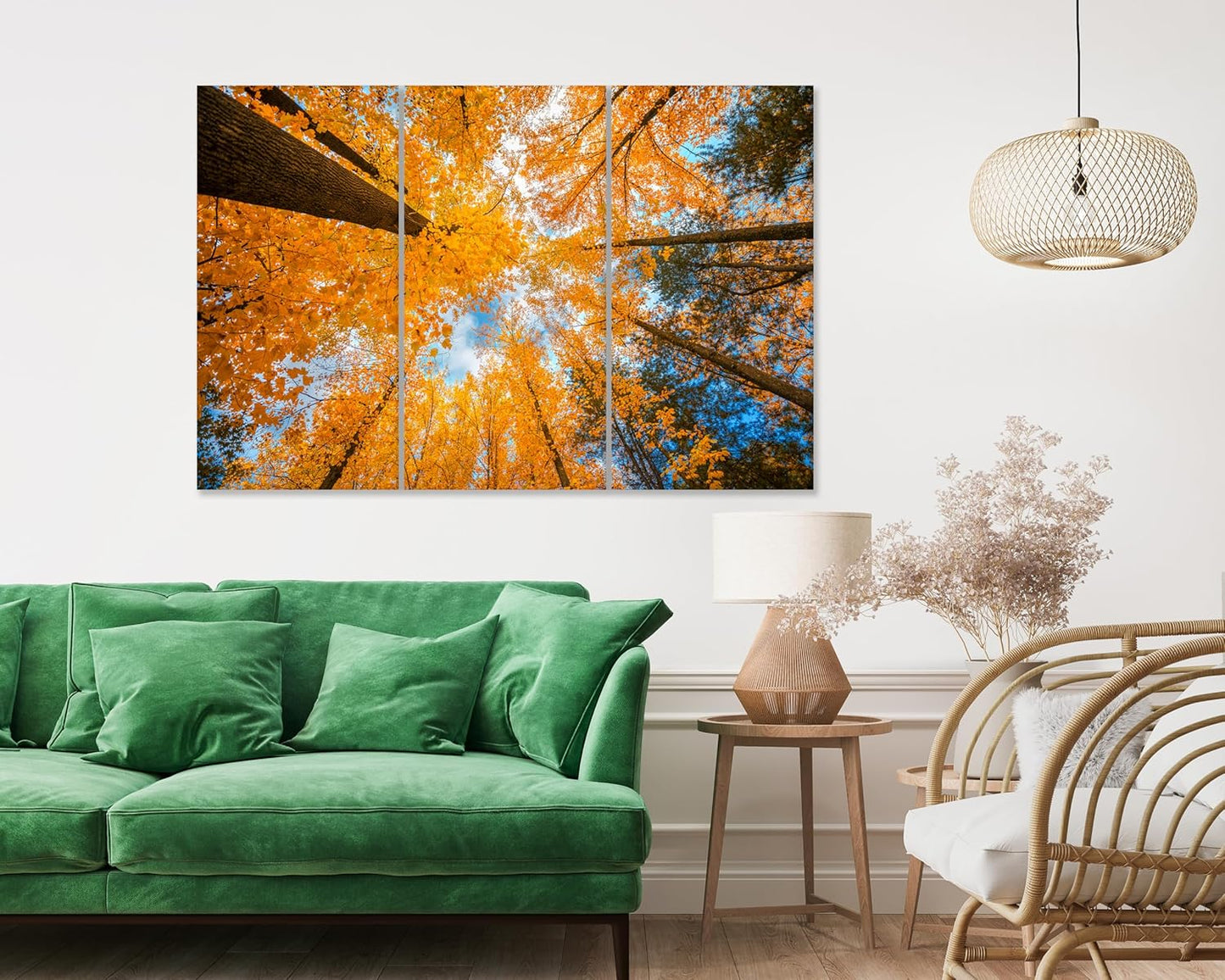 Nature Wall Art Prints - Ocean Forest Mountain Lake Canvas Landscapes - Small to Extra Large Living Room Bedroom Kitchen Bathroom Décor (Blue Sky Through Yellow Autumn Trees, 55L" x 83W"- 3 Panels)