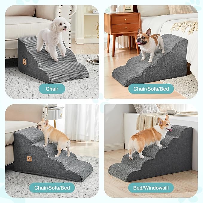 IFNOW Dog Stairs for Small Medium Dogs and Cats 19.7" H, 5-Step Studry Dog Steps for Bed, Couch, High Density Foam Pet Stairs for Dogs to Get on Bed, Non-Slip Balanced Curved Indoor Pet Ramp, Grey