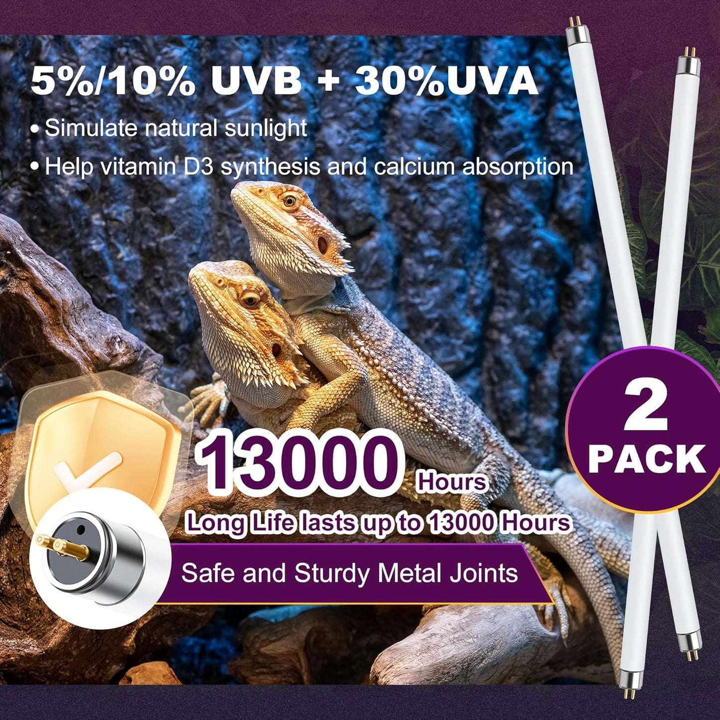 5.0 UVB Light for Reptiles, T5 HO 39 Watt Reptile Lamp Tube, Pack of 2 Fluorescent UVB Bulb, Basking Light for Bearded Dragon, Simulate Natural Sunlight for Reptiles and Amphibians