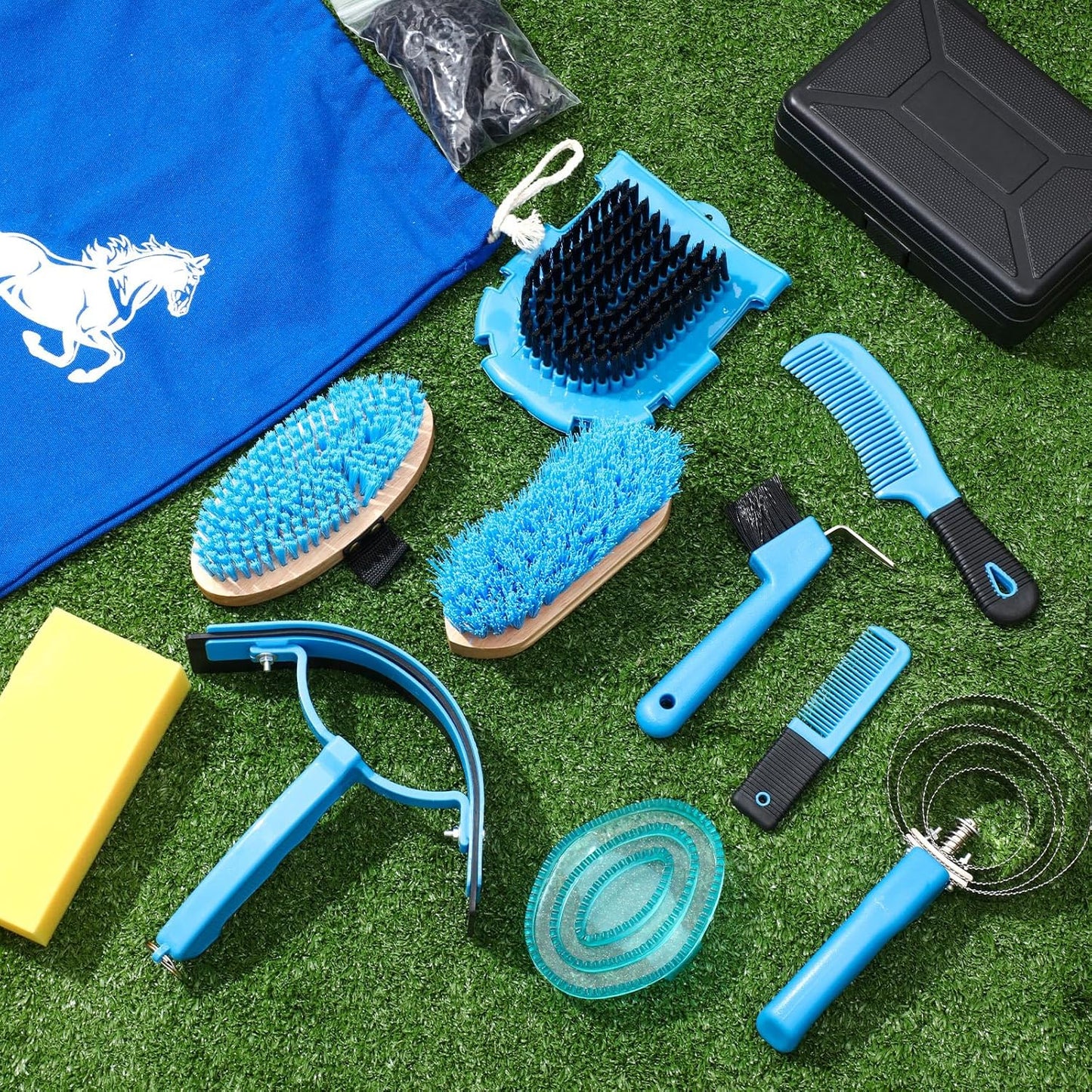 Abbylike 12 Pieces Horse Grooming Kit Racing Festival Tack Room Supplies Horse Brush Sets Equine Care Cleaning Kit Shedding Grooming Massaging Tools(Blue)