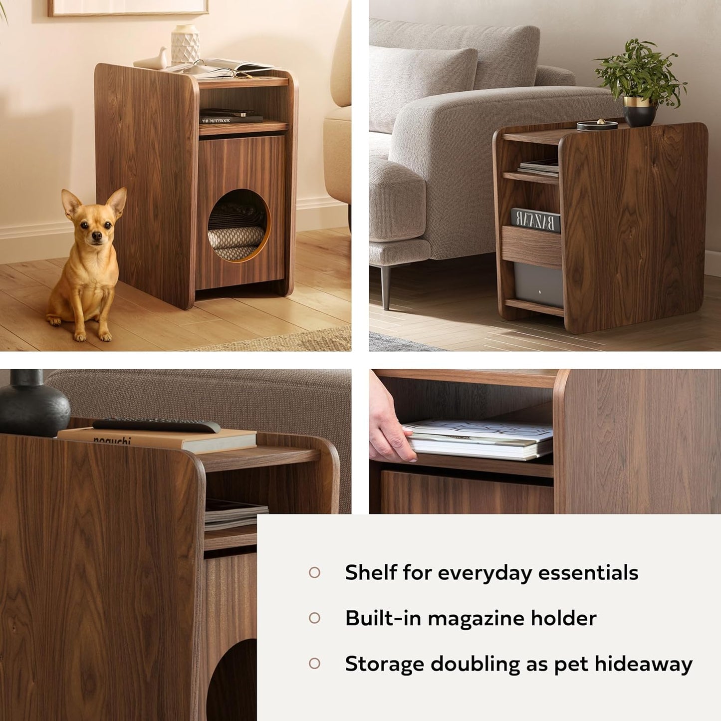 WERMO 12'' Narrow End Table for Living Room - Small Side Table with Shelf, Magazine Holder and Storage Doubling as Cat Hideaway for Couch, Chair and Bedside. Wood Night Stand for Bedroom (Walnut)