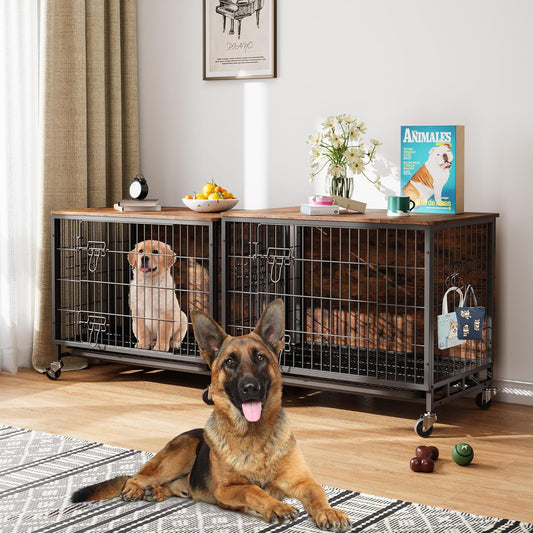 Dog Crate Furniture, 32.5" Wooden Dog Crate Furniture Side End Table, Indoor Kennel with Double Doors, Dog Crates for Medium Dogs, Rustic Brown