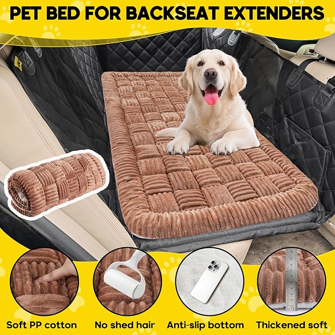 Dog Car Bed Mat, Non-Slip Backseat Extender Pet Blanket, Plaid Dog Bed for SUVs, Sedans & Trucks, Chew-Resistant Travel Pad for Dogs, Easy Clean & Scratch-Proof & Comfort (50"x24.6") Brown