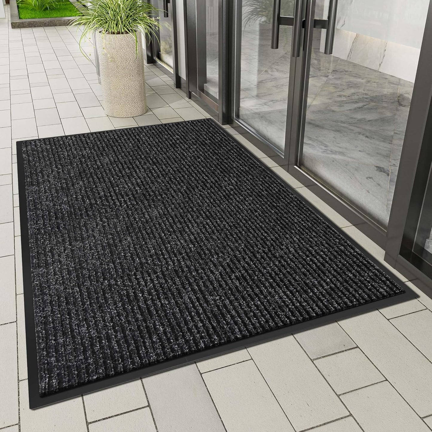 Indoor Outdoor Door Mat, 6' x 2' Doormat for Entryway, Rubber Backing Non Slip Front Door Mat Outside Entrance, Super Absorbent Commercial Floor Mat for Home Office, Black