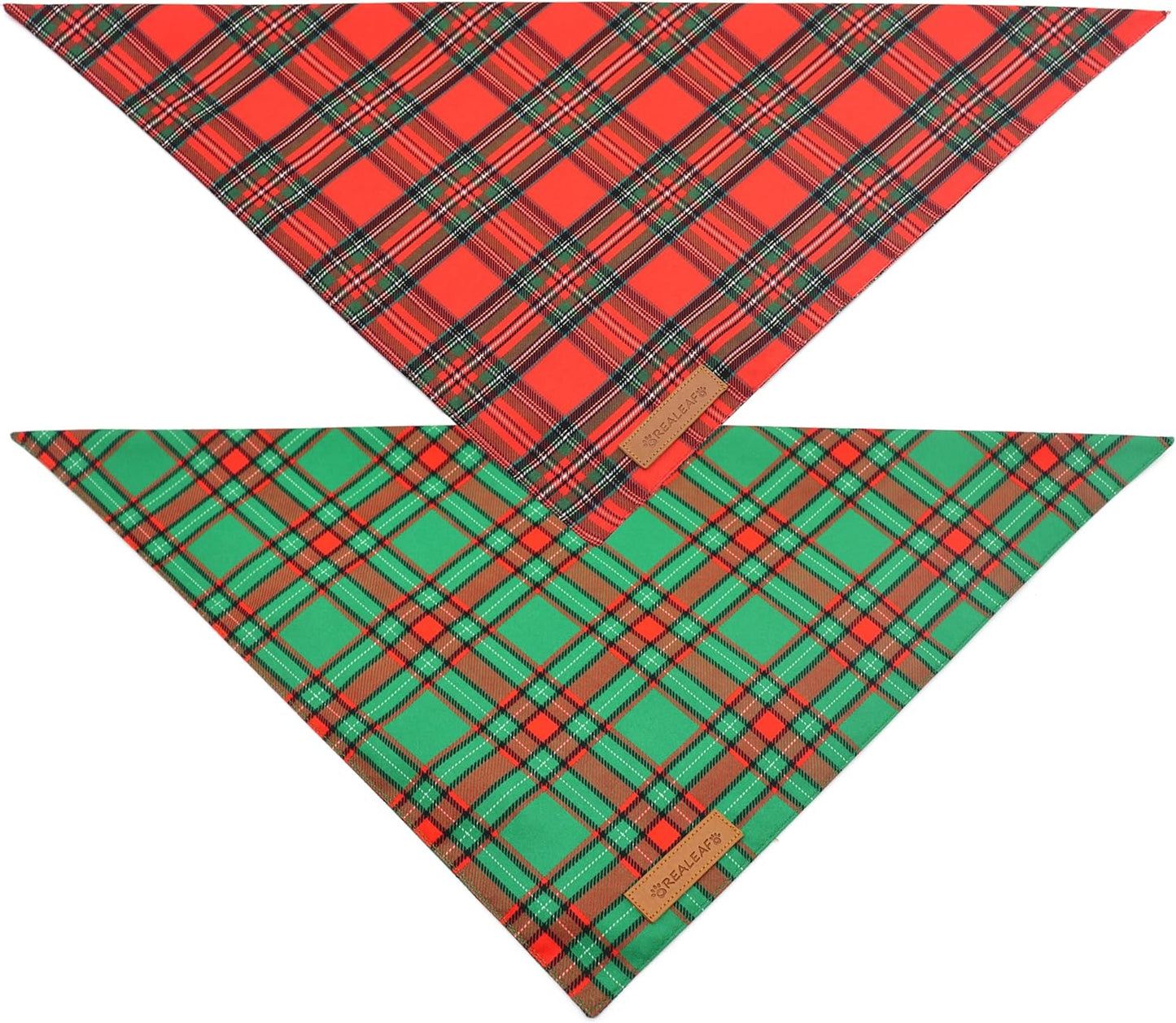 Realeaf Christmas Dog Bandanas 2 Pack, Reversible Red Green Plaid Dog Scarf, Xmas Pet Bandana, Premium Durable Fabric, Holiday Check Bandana for Large and Extra Large Dogs Pets (X-Large)