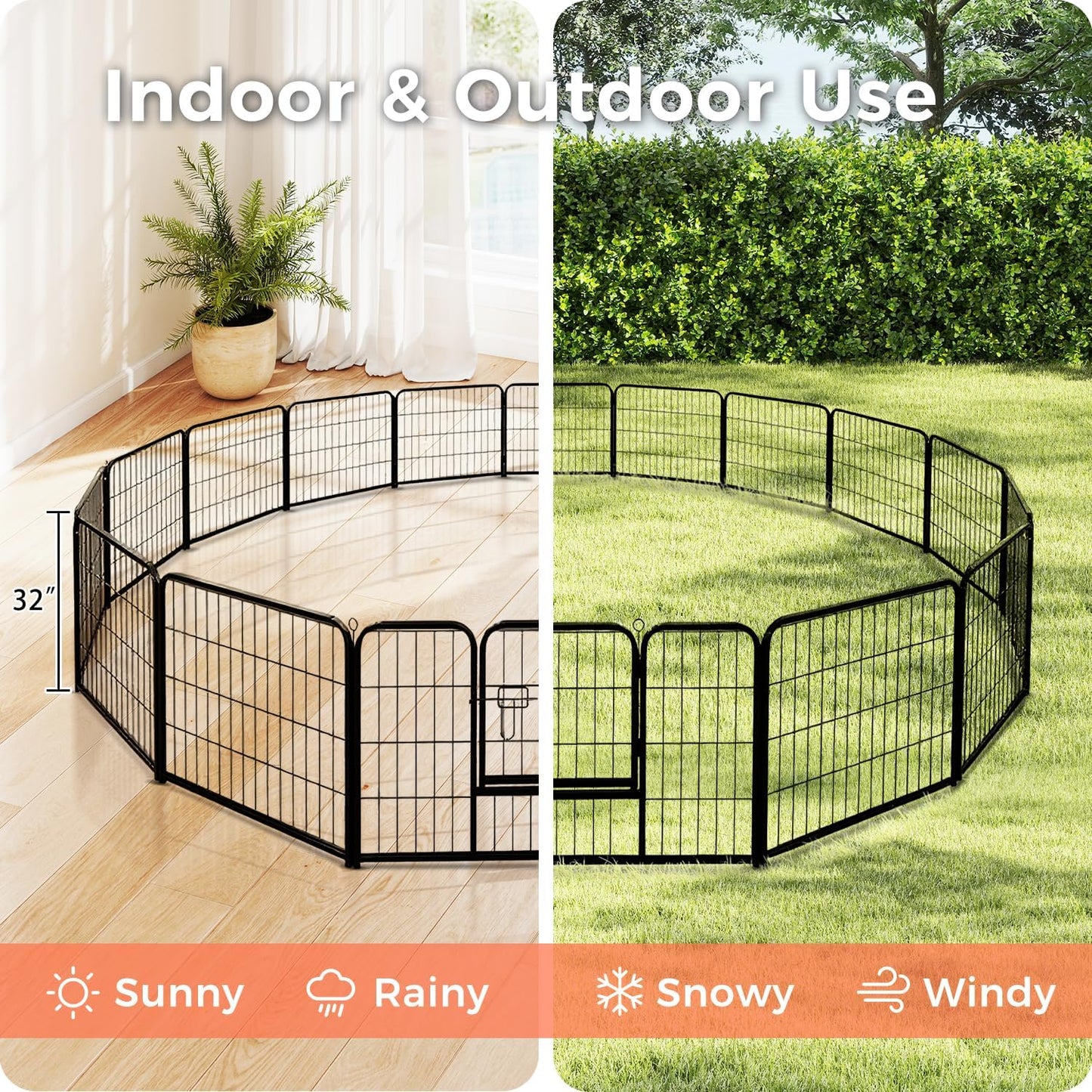 32 Inch Dog Playpen - 16 Panels Metal Pet Exercise Pen for Small-Medium Dogs, Indoor/Outdoor Dog Fence for Yard, Garden, Camping & RV Travel