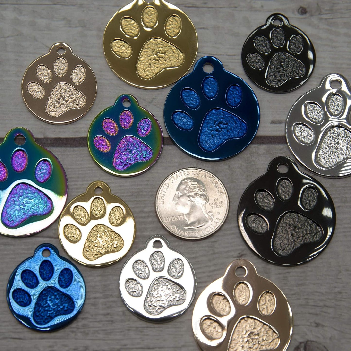 Engraved Pet Tag for Dogs and Cats - Personalized Front & Back up to 4 Lines of Text Custom Engraved ID, Round Paw Print Solid Plating Stainless Steel Gold Regular