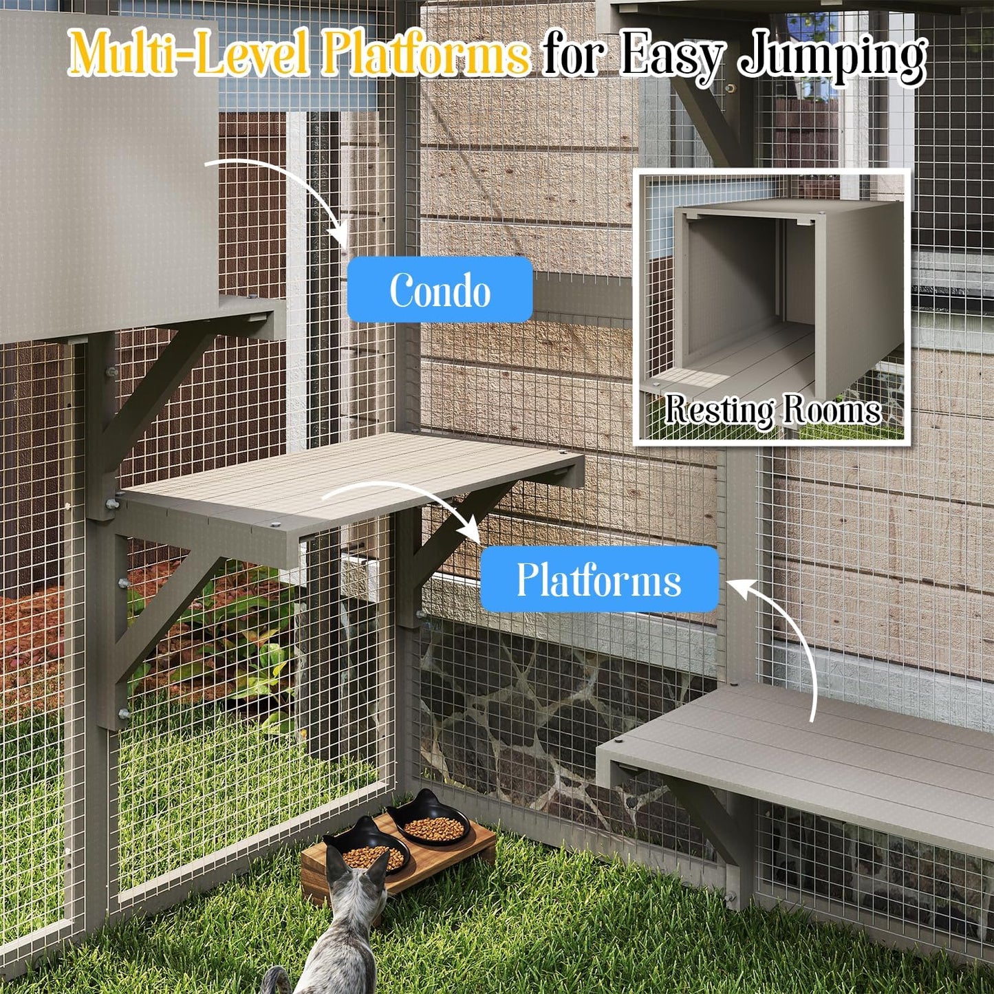Cat Catio Outdoor Enclosure for Multiple Cats, Large Wooden Walk-in Cat House with Window Connection, 2 Condos, Platforms, Doors, and Weatherproof Roof Cover (69.5" L x 47" W x 71" H)