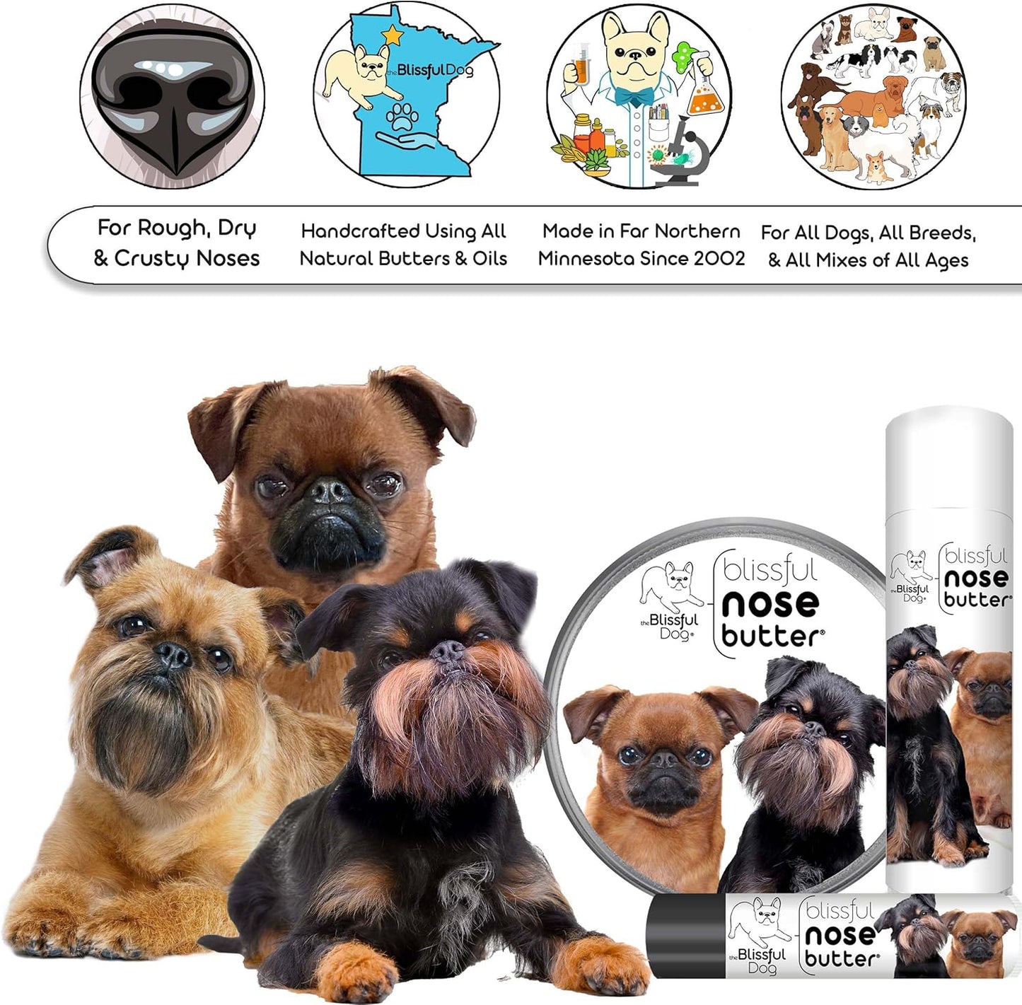 The Blissful Dog Brussels Griffon Nose Butter for Dry, Cracked Skin, Lick-Safe Dog Nose Balm with Moisturizing Shea Butter, Almond, Olive, and Essential Oils, Pet Supplies, Uncented, 8 oz.