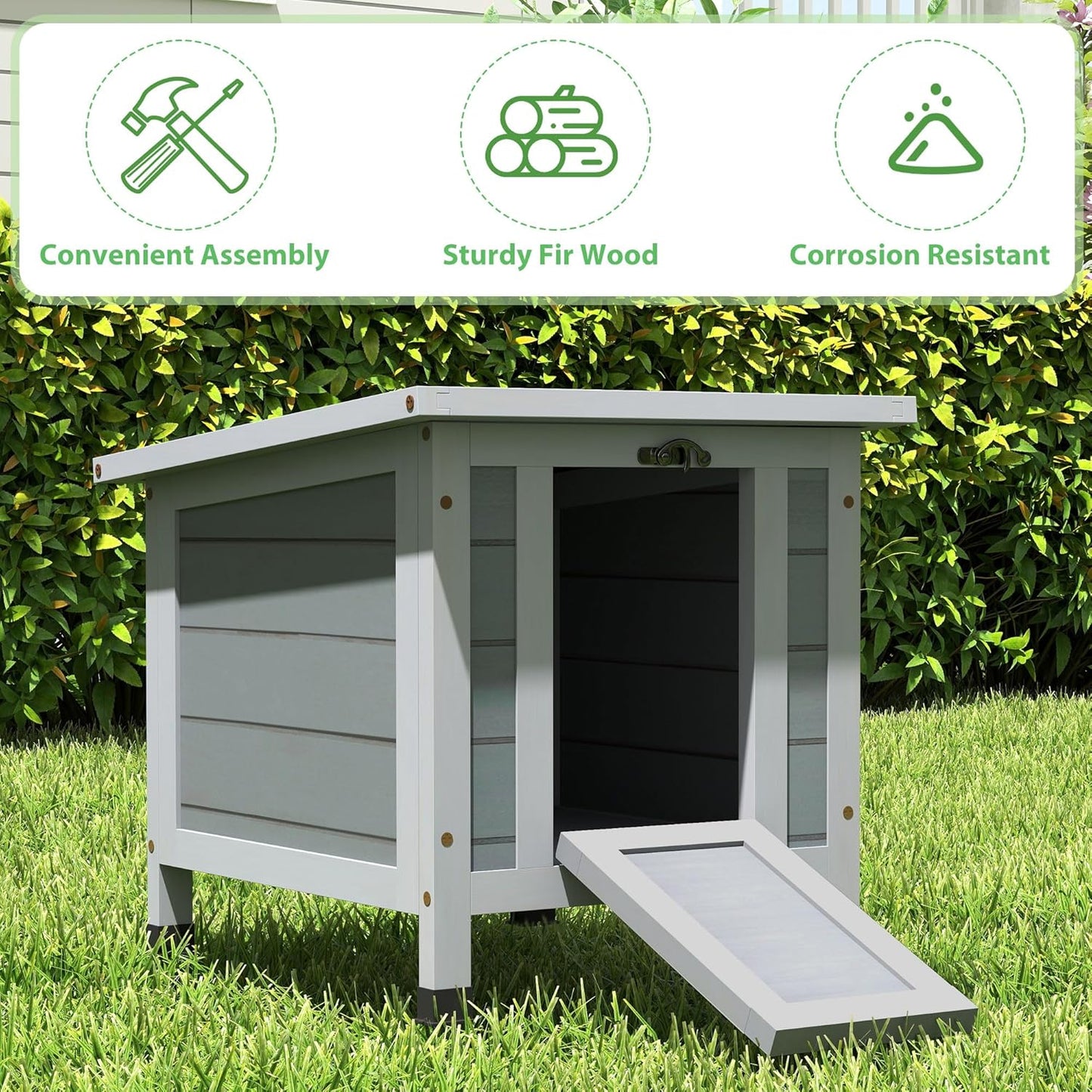 Coziwow Rabbit Hutch, Outdoor Cat House Weatherproof, Bunny Cage Indoor with Openable, Portable Small Animals Shelters with Nonslip Ramp for Hideout Rabbits/Feral Cats/Chicken/Duck/Small Animals-Gray