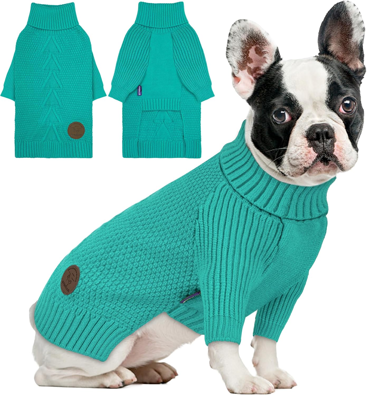 cyeollo Fleece Dog Sweaters for Medium Dogs Male, Stretchy Warm Turtleneck Doggy Clothes for Fall Winter Pullover Doggie Jacket Thermal Knit Pet Apparel with Sleeves, Aqua Green XL