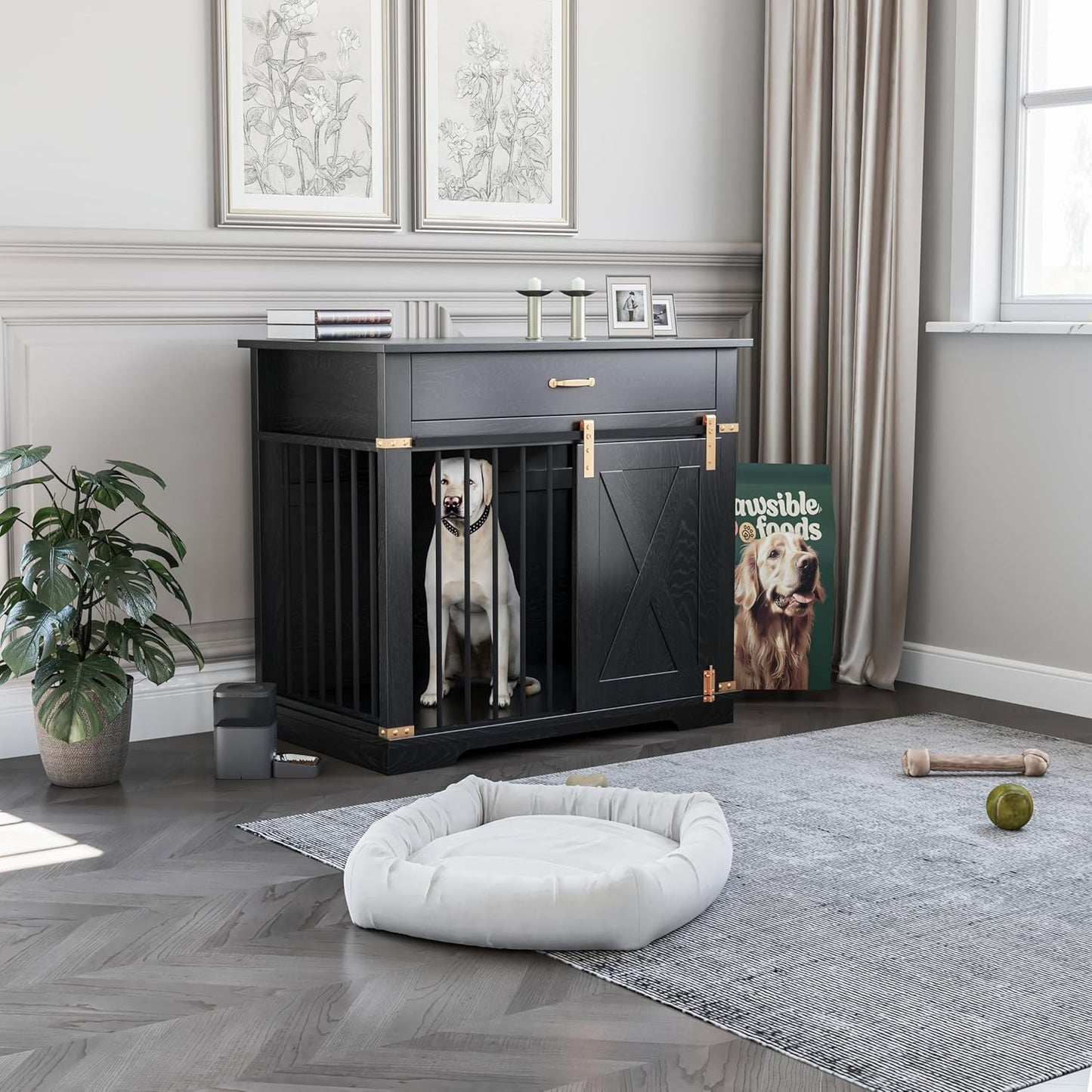 LZUUOB 37.8'' Dog Crate Furniture with Storage Drawer, Decorative Wooden Dog Kennel with Sliding Barn Door, Indoor Water Resistant Cage for Pet, Small, Medium, Large Dog (Black Gold Oak)