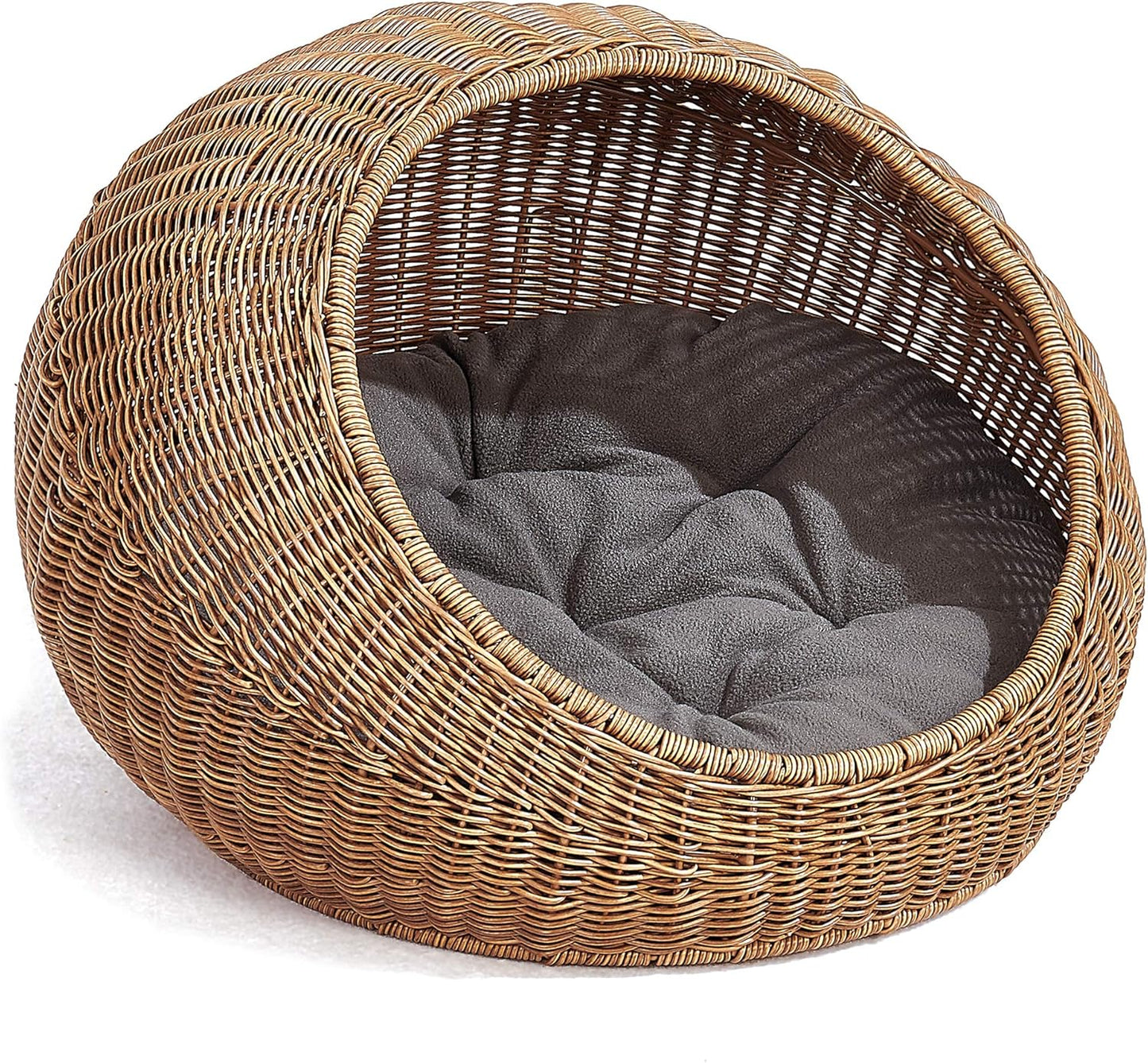 D+GARDEN Wicker Cat Bed Dome for Medium Indoor Cats - a Covered Cat Hideaway Hut of Faux Rattan Houses Pets in Dome Basket, Washable
