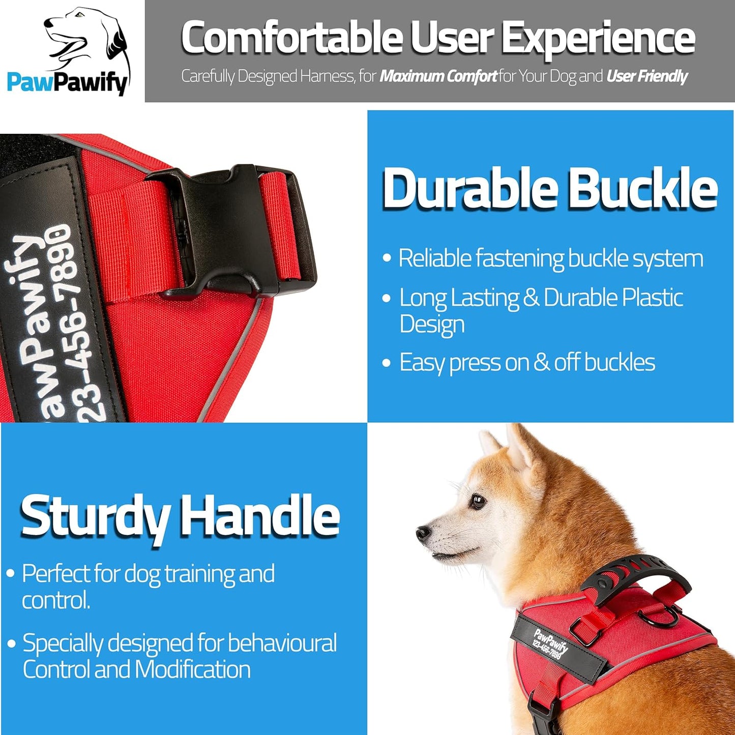 PawPawify Custom No Pull Dog Harness with Name and Phone Number, Heavy Duty Personalized Pet Vest to Prevent Tugging, Pulling, or Choking, Training and Walking (New Red, XS (5-9LBS))