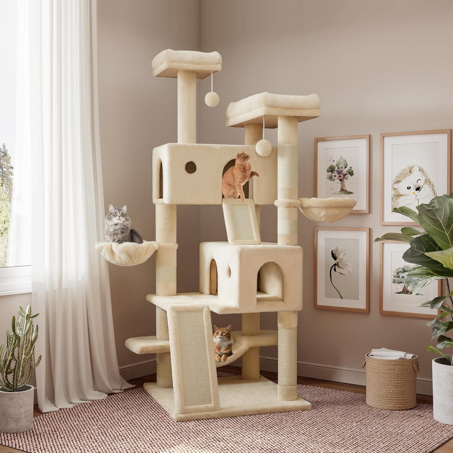 SHA CERLIN 65in Larger Cat Tree Tower Condo for Indoor Kitties/Multi-Level Furniture Activity Center with Wide Base/Cozy Plush Cat Perches/Baskets/Sisal Scratching Posts and Hammock/Beige