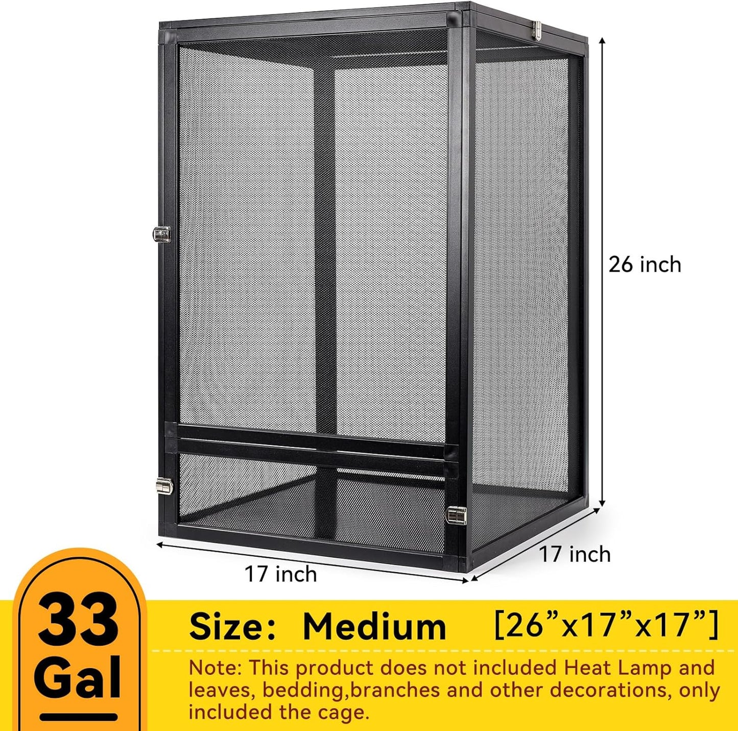 33 Gallon 360° Panoramic Foldable Reptile Terrarium Kit: Crested Gecko Tank and Reptile Cage for Superior Ventilation, Easy Feeding, Sturdiness, and Simple Assembly (Black, 26"x17"x17")