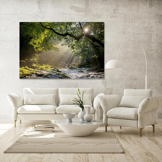 Nature Wall Art Prints - Ocean Forest Mountain Lake Canvas Landscapes - Small to Extra Large Living Room Bedroom Kitchen Bathroom Décor (Rocky River in the Woods, 24L" x 36W")