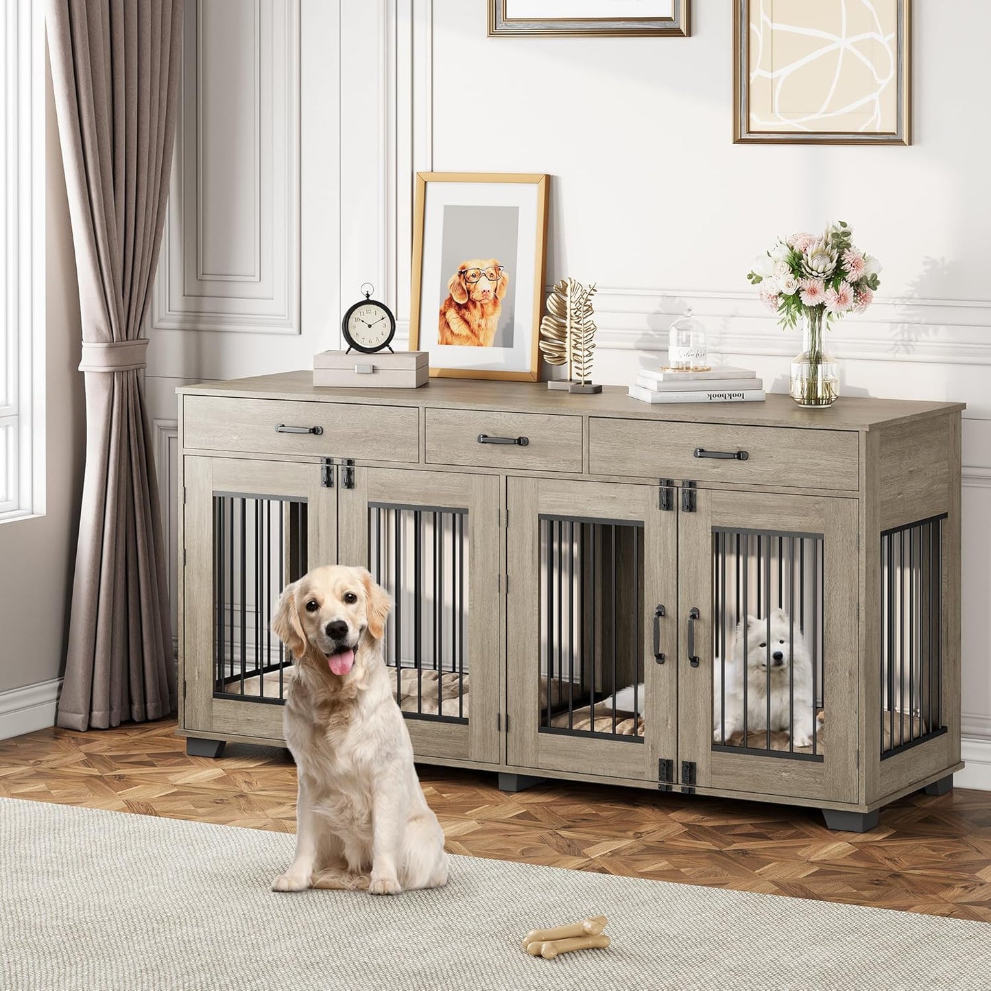 71'' Dog Crate Furniture, Wooden Indoor Dog Kennel for 2 Dogs with 3 Drawers and Removable Room Divider, XXL Double Dog Crate TV Stand End Table with Double Doors for Large Medium Dogs, Grey