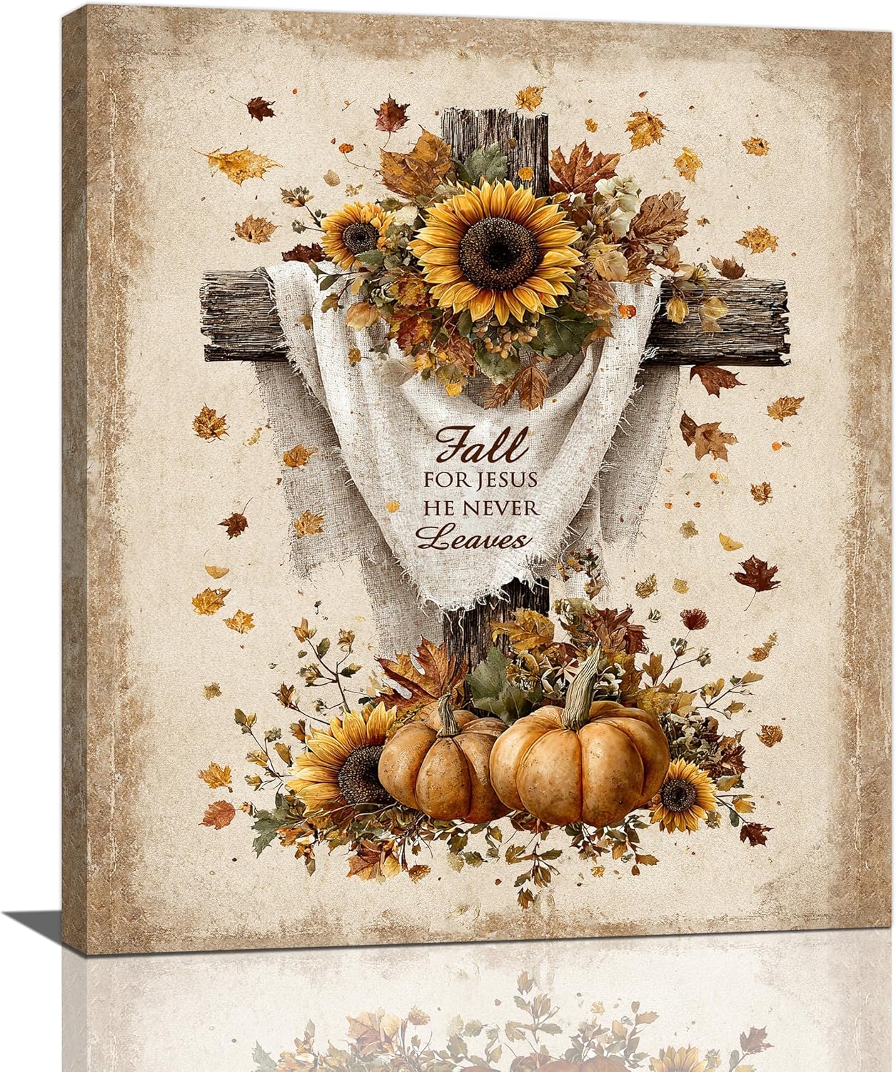 Christian Fall Wall Art Autumn Rustic Cross Sunflower Pumpkin Wall Decor Fall for Jesus He Never Leaves Pictures Painting Print Framed Artwork Decorations Gifts for Living Room Bedroom Prayer Room Office 20"x24"