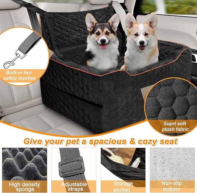 Dog Car Seat for Medium/Large Dogs, Washable Dog Booster Seat Under 60 lbs or 2 Small Dogs, Multi-Functional Pet Car Seat with Thick Cushion, 2 Safety Leashes (Black)