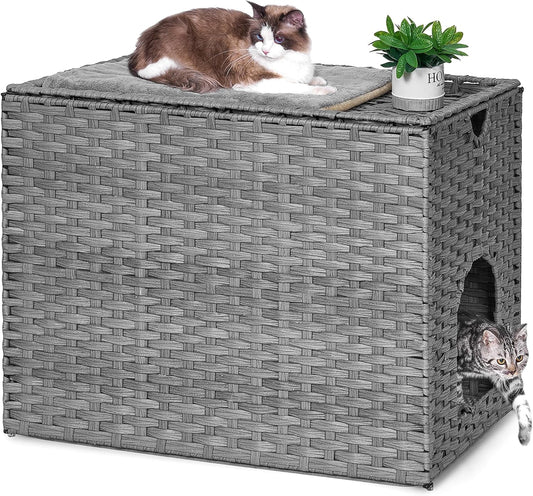 Cat Litter Box Enclosure with Litter Trapping Mat; Handwoven Plastic Rattan Cat House; No Installation Hidden Cat Washroom; Pet Crate for Balcony,Bedroom,Living Room