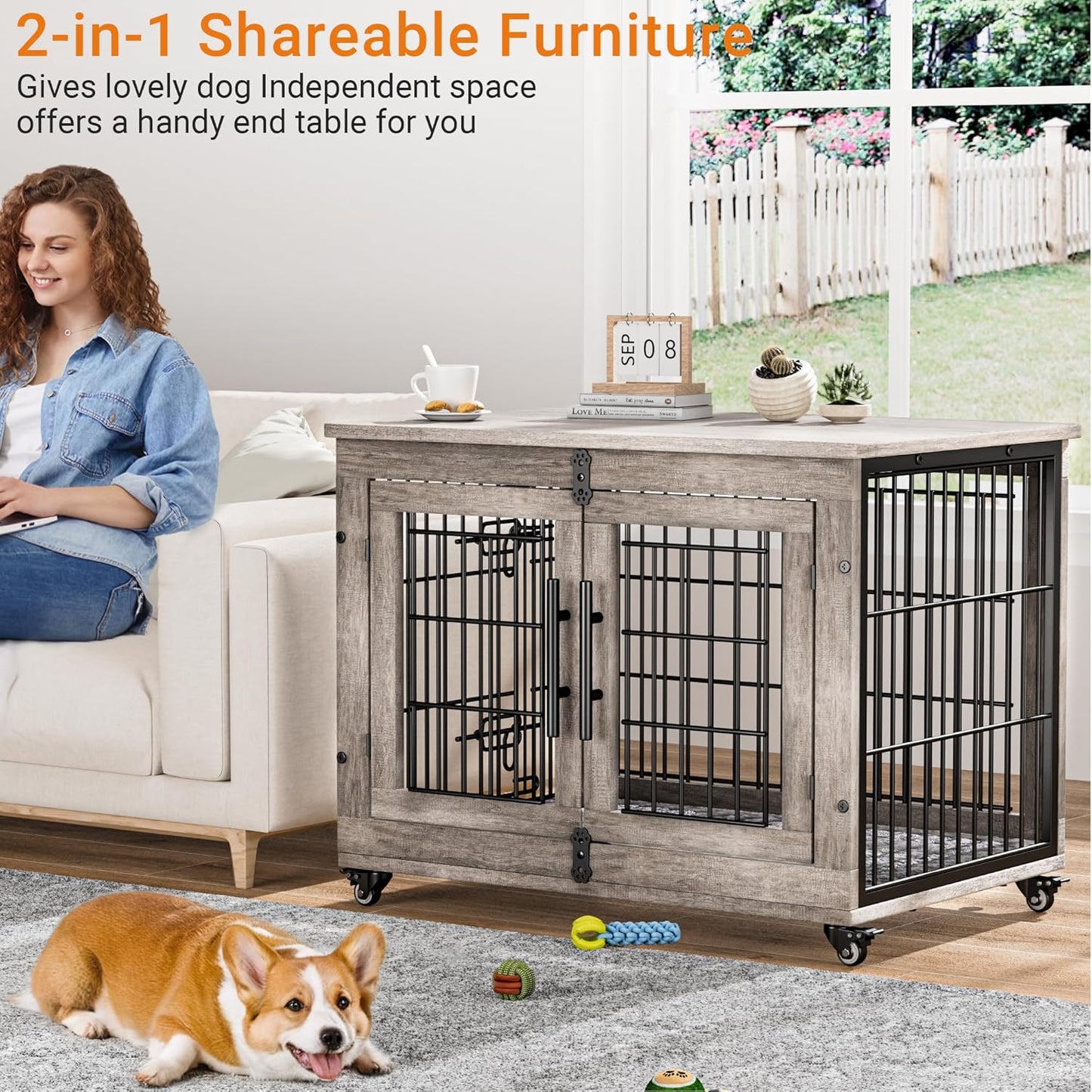 Lulive Dog Crate Furniture for Medium Dogs, 32'' Dog Kennel Indoor with Cushion & Wheels Wooden Dog Cage Double Doors Dog Crate End Table, Grey