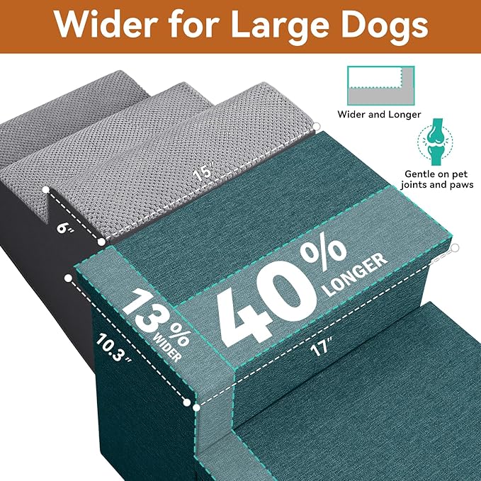 Dog Stairs with Storage 18" H, 3-Step Wider Dog Steps for Small/Medium/Large Old Dogs Cats, Folding Sturdy Pet Stairs for Climbing Bed Couch, Ramp for Car Hold Up to 200 lbs, Dark Green