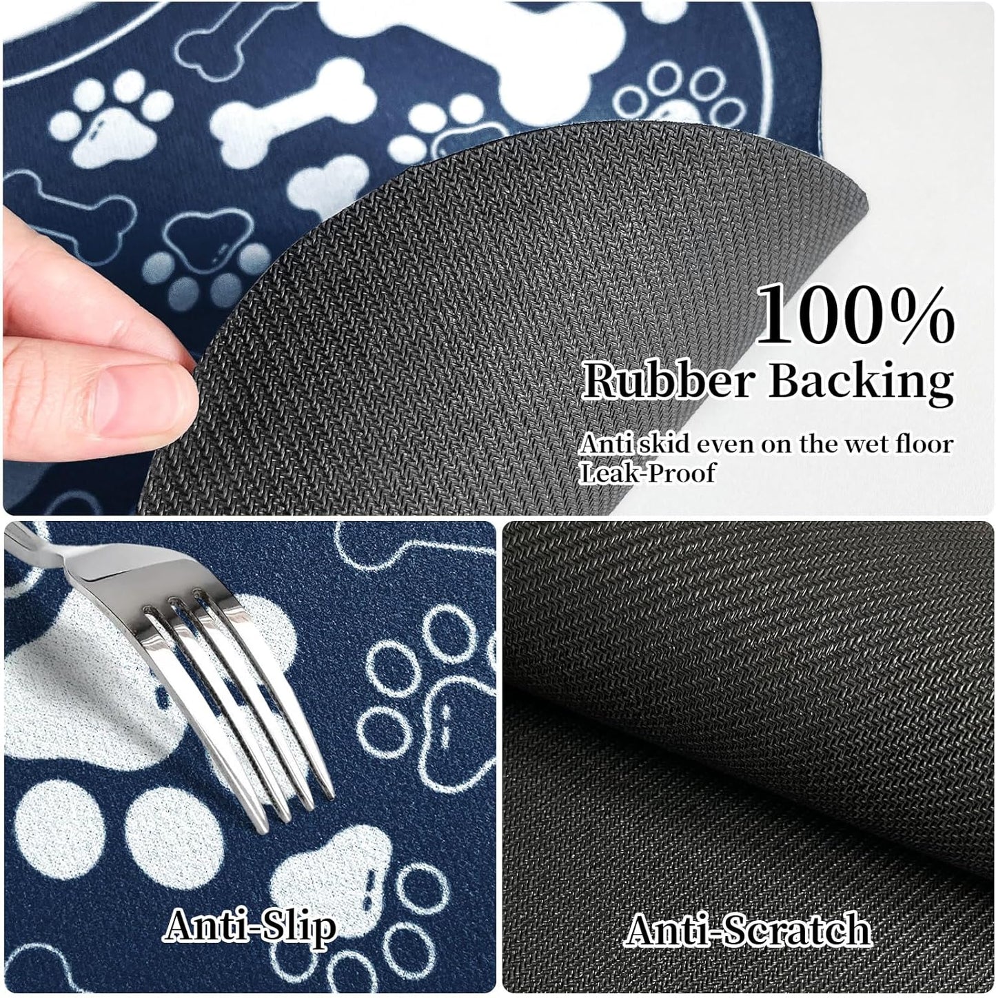 Dog & Cat Food Mat Bone Shaped Pet Feeding Mat Quick Absorb Water Bowl Placemat with Rubber Backing Indoor Floor Stain Resistant Pet Accessory Supplies (Blue, 12x18 Inches)