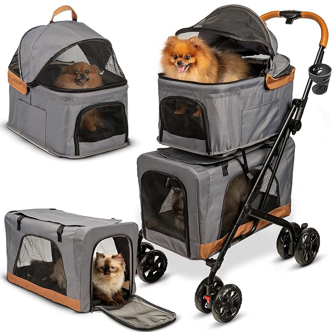 Double Pet Stroller with Detachable Carriers - Ideal for 2 Dogs or Cats - Compact & Convenient Design - Easy Assembly Double Dog Stroller - Graphite Gray