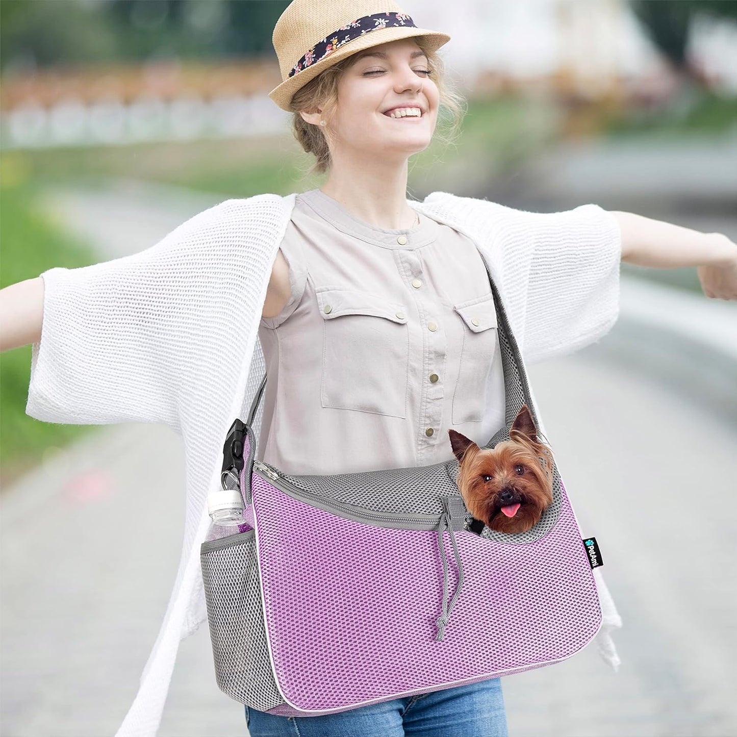 PetAmi Small Dog Sling Carrier, Soft-Sided Crossbody Puppy Carrying Purse Bag, Adjustable Sling Pet Pouch to Wear Medium Dog Cat Travel, Dog Bag for Traveling, Poop Bag Dispenser, Max 10 lbs, Purple