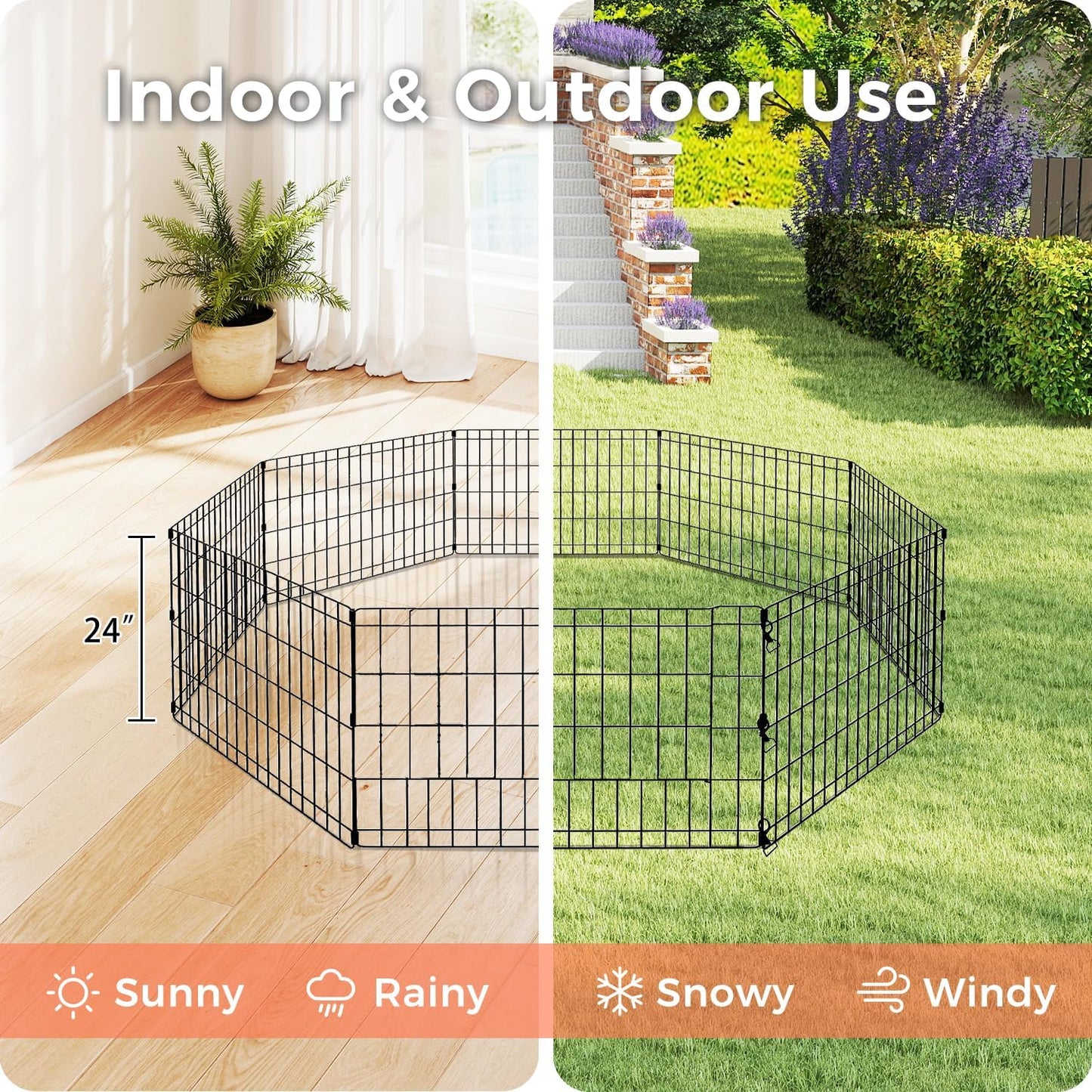 Foldable Dog Playpen 24" Height 8 Panels Metal Exercise Pen No Door - Indoor/Outdoor Puppy Playpen for Small Dogs, Portable Pet Fence for Yard Garden Camping, Black