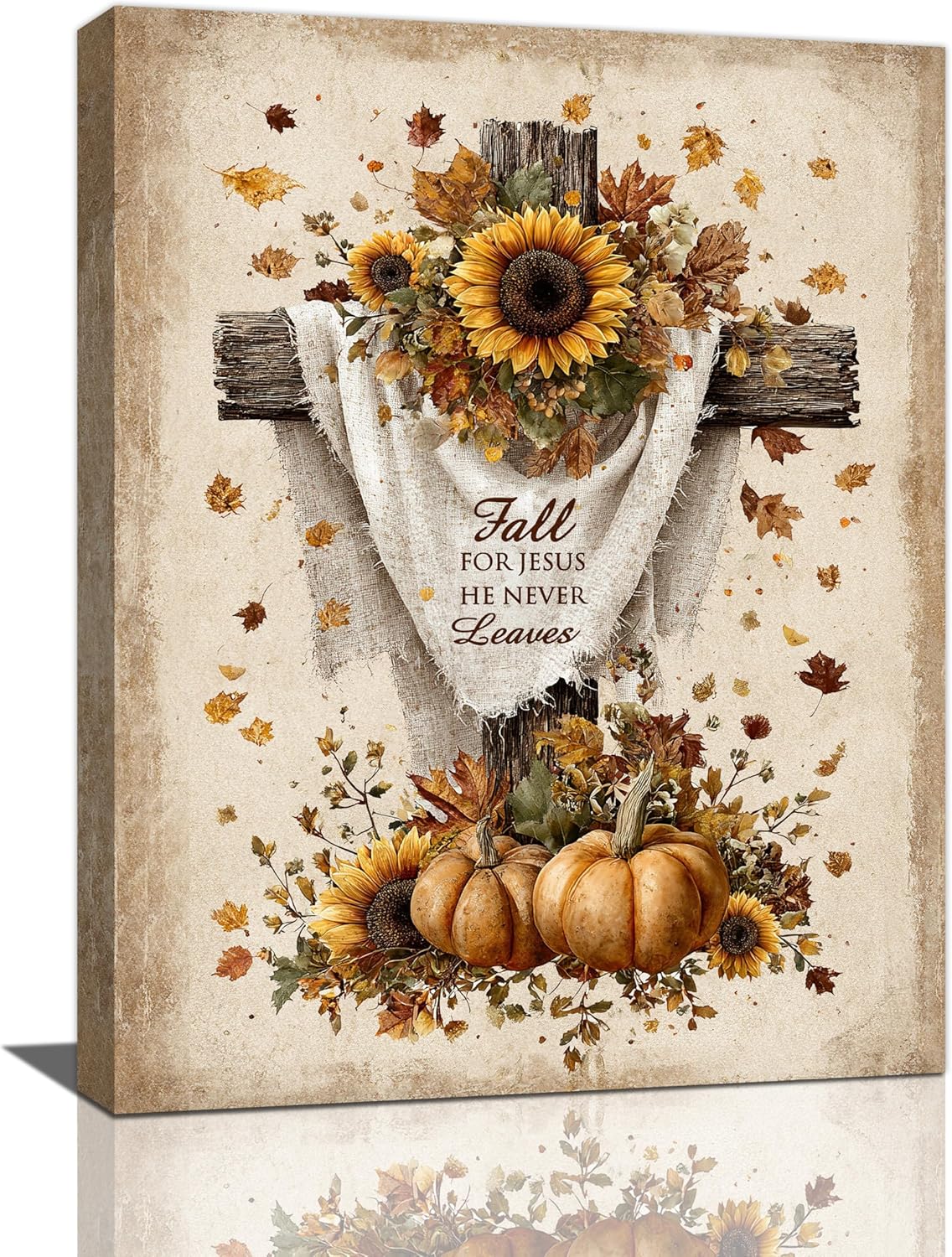 Christian Fall Wall Art Autumn Rustic Cross Sunflower Pumpkin Wall Decor Fall for Jesus He Never Leaves Pictures Painting Print Framed Artwork Decorations Gifts for Living Room Bedroom Prayer Room Office 12"x16"