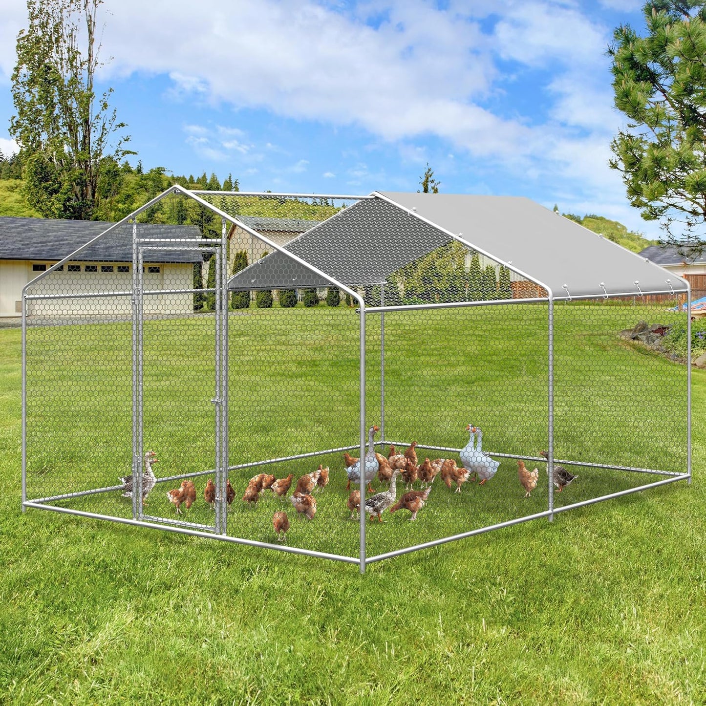 Large Metal Chicken Coop, Walk-in Chicken Run Pen with Waterproof Cover, Spire Roof Poultry Cage Run for Outdoors, Backyard, Farm(9.7'Wx12.99'Lx6.4'H)