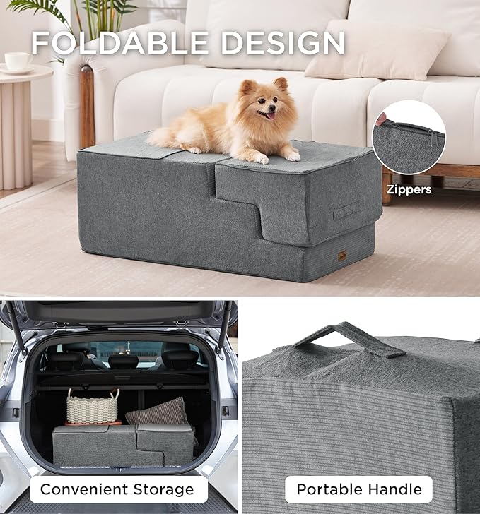 Made4Pets Dog Stairs for High Bed, Extra Wide Pet Stairs for Bed Couch Sofa, 35D Foam Pet Steps for Small Dogs and Cats, Non-Slip Bottom Dog Steps, Grey, 5 Steps