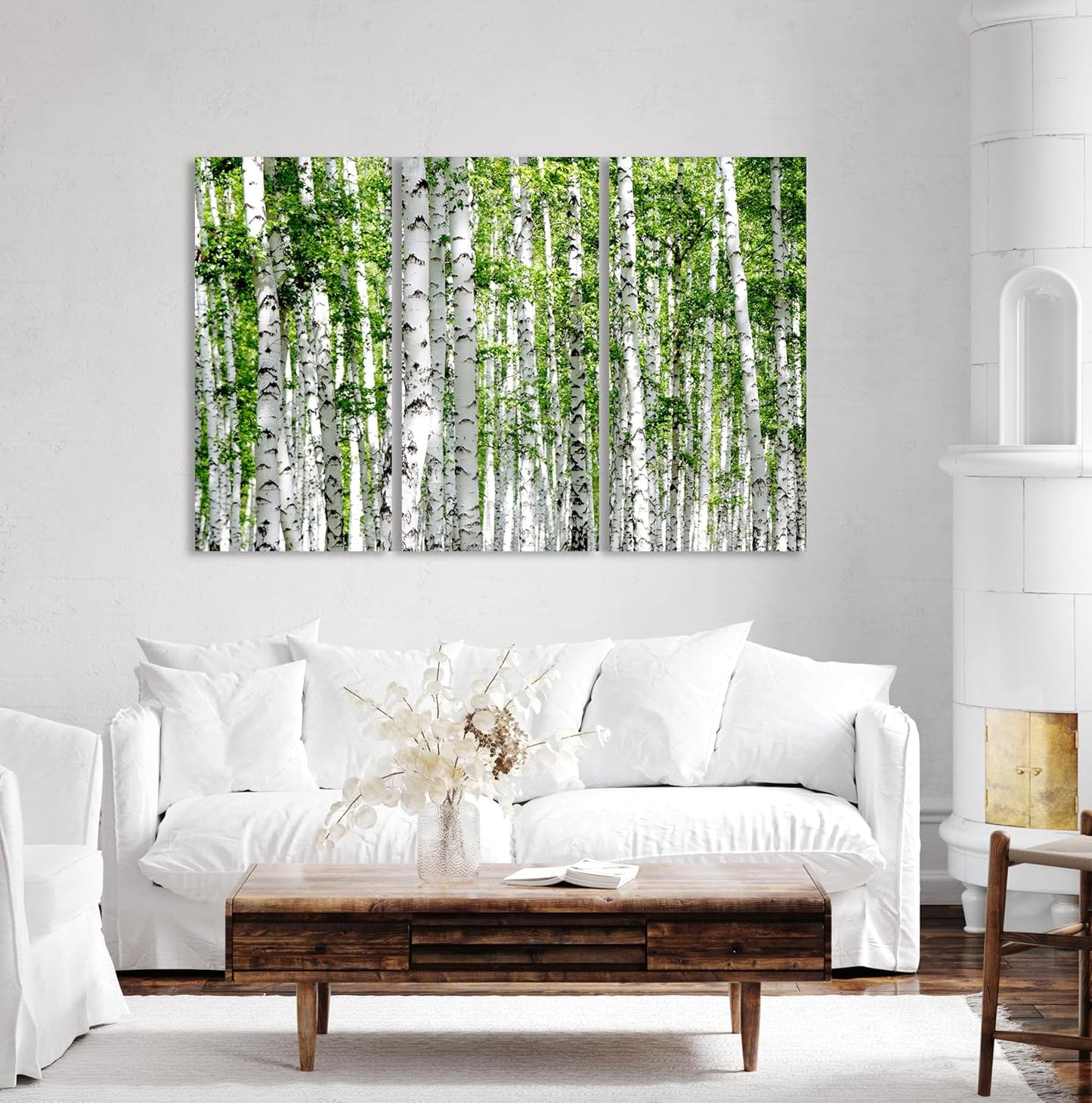 Nature Wall Art Prints - Ocean Forest Mountain Lake Canvas Landscapes - Small to Extra Large Living Room Bedroom Kitchen Bathroom Décor (Green Brich Trees, 31L" x 47W" - 3 Panels)