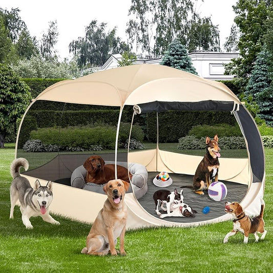 EighteenTek XXLarge Popup Portable Dog Houses, 10'x4.8'H Assembly-Free Gazebo-Style Dog Cot Cat Playpen Screen Pet Tent Sun Shade Shelter Dog Bed with Canopy for Outdoor Anti-Bugs with Leakproof Floor