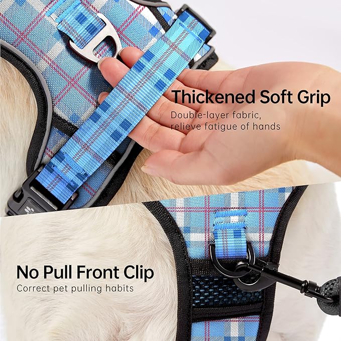 NESTROAD No Pull Dog Harness with Leash, Reflective No Choke Pet Vest Harness,Adjustable Soft Padded Dog Harness with Easy Control Handle for Medium Dogs(Checkered Blue,Medium)