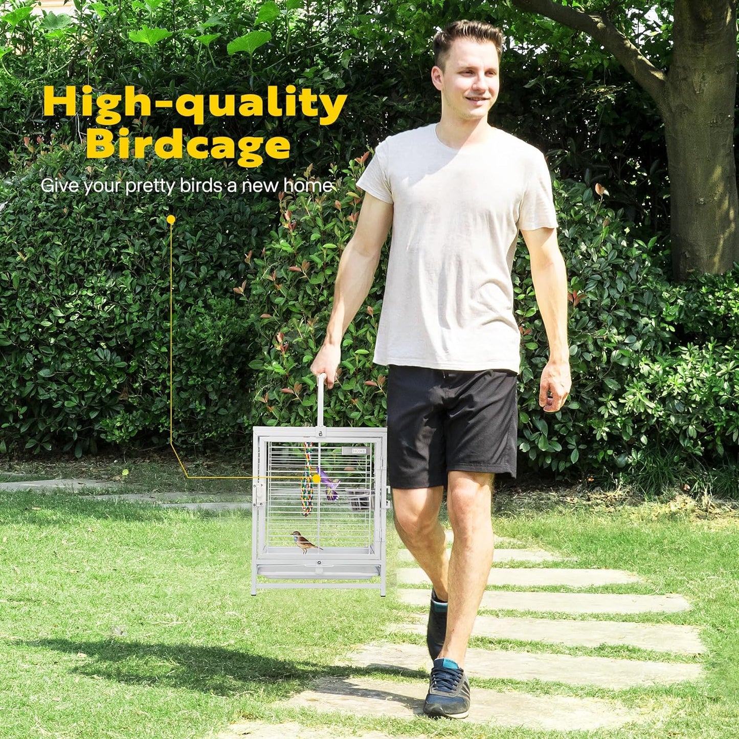 VIVOHOME 19 Inch Wrought Iron Bird Travel Carrier Cage for Parrots Conures Lovebird Cockatiel Parakeets White