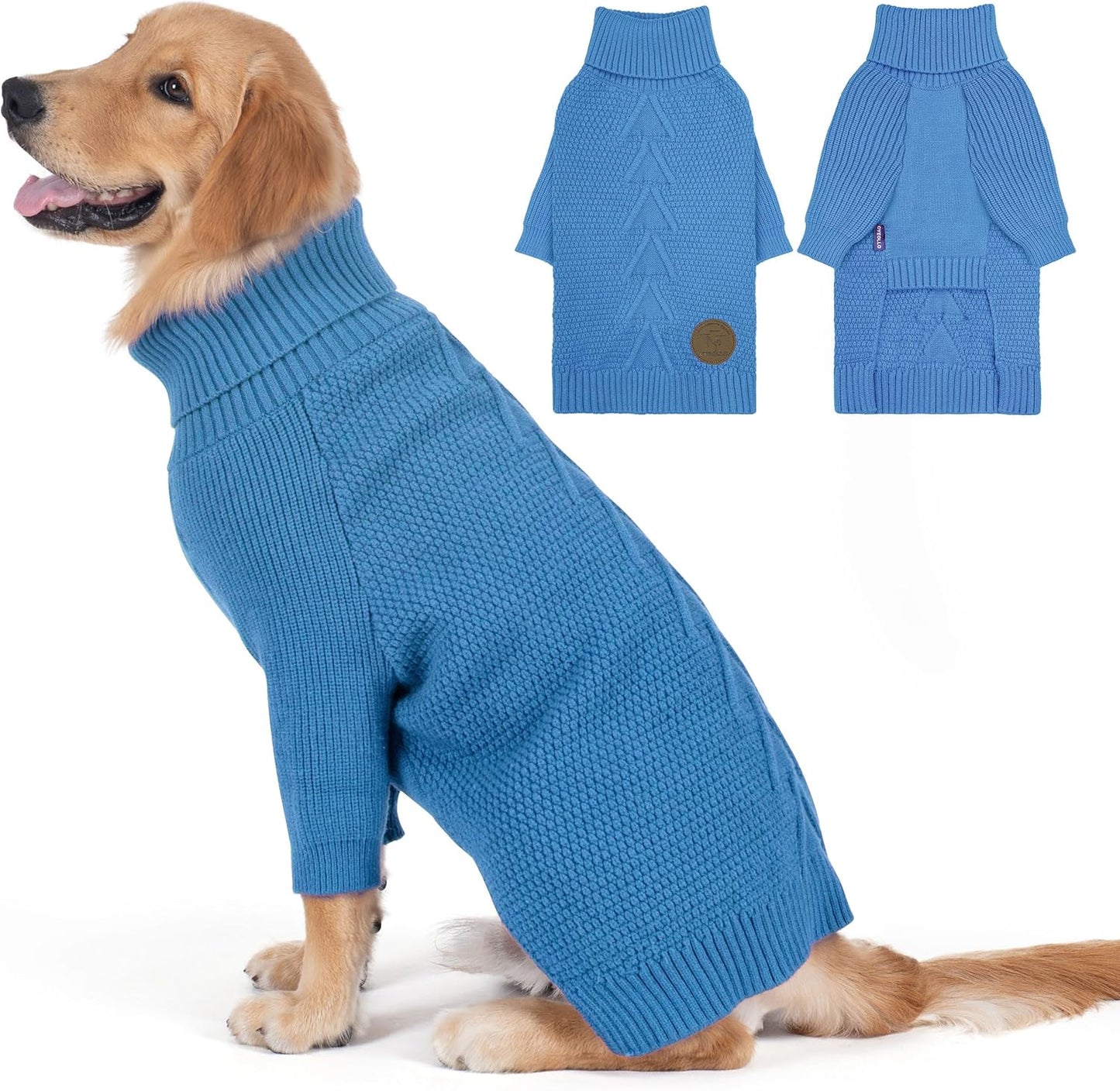 cyeollo 2XL Dog Sweater, Warm Stretchy Sweaters for Large Dogs Boy, Pullover Knitted Thermal Winter Big Dog Clothes with Sleeves, Turtleneck Pet Beagle Border Collie Apparel, Blue XXL