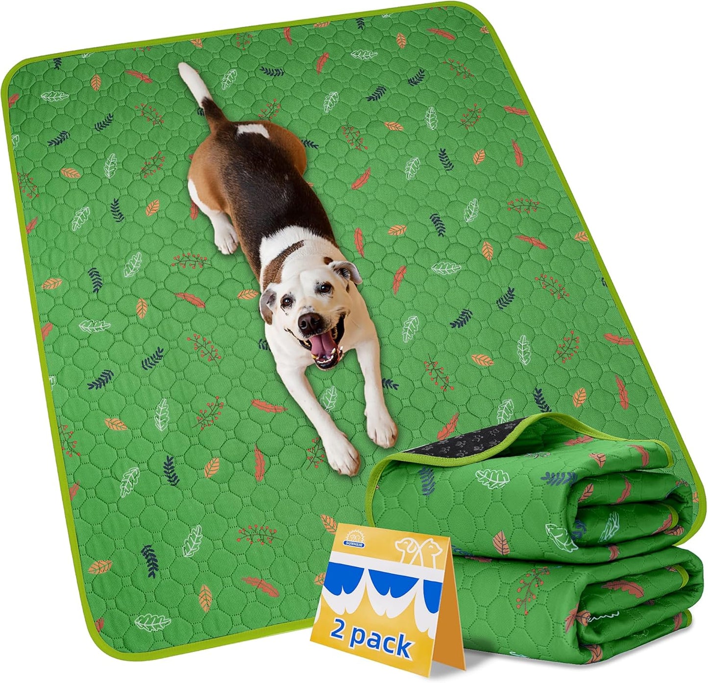 Sunheir 2-Pack Extra Large Reusable Dog Mat for Floor, Dog Playpen, Non-Slip Waterproof Super Absorbent Washable Pee Pads for Dogs, Pet Whelping Pads, Potty Training - Green, 36" x 72"