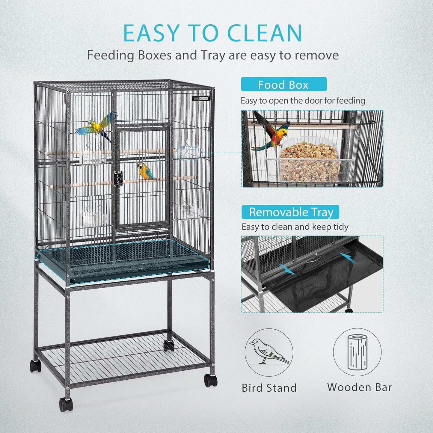 VIVOHOME 54 Inch Wrought Iron Large Bird Flight Cage with Rolling Stand for Parakeets Canaries Cockatiels Lovebirds Conures, Black