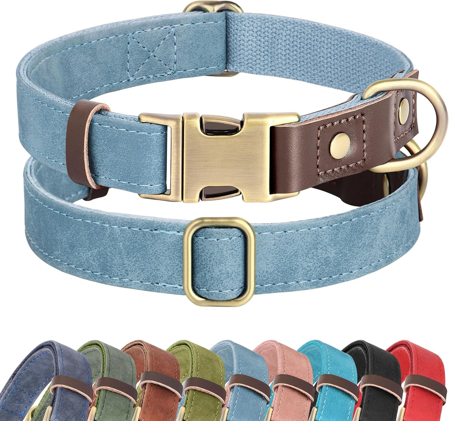 Didog Soft PU Leather Dog Collars for Medium Dogs,Classic Adjustable Dog Collars with Quick Release Metal Buckle,Easy Clean and Comfortable with Nylon Lining,Denim Blue,M Neck 13-19"