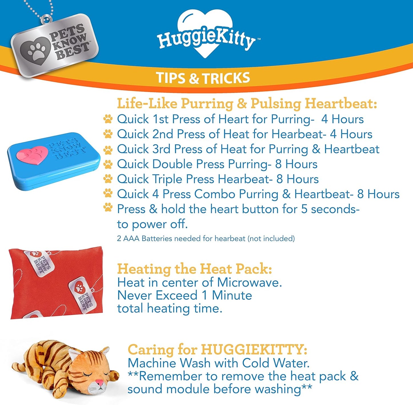 Pets Know Best HuggieKitty | Comfort Purring Companion with Heartbeat Sleep Aide for Cats & Kittens, Heating for Calming Relief, Carrier & Behavioral Training Essential, Breeds, Orange