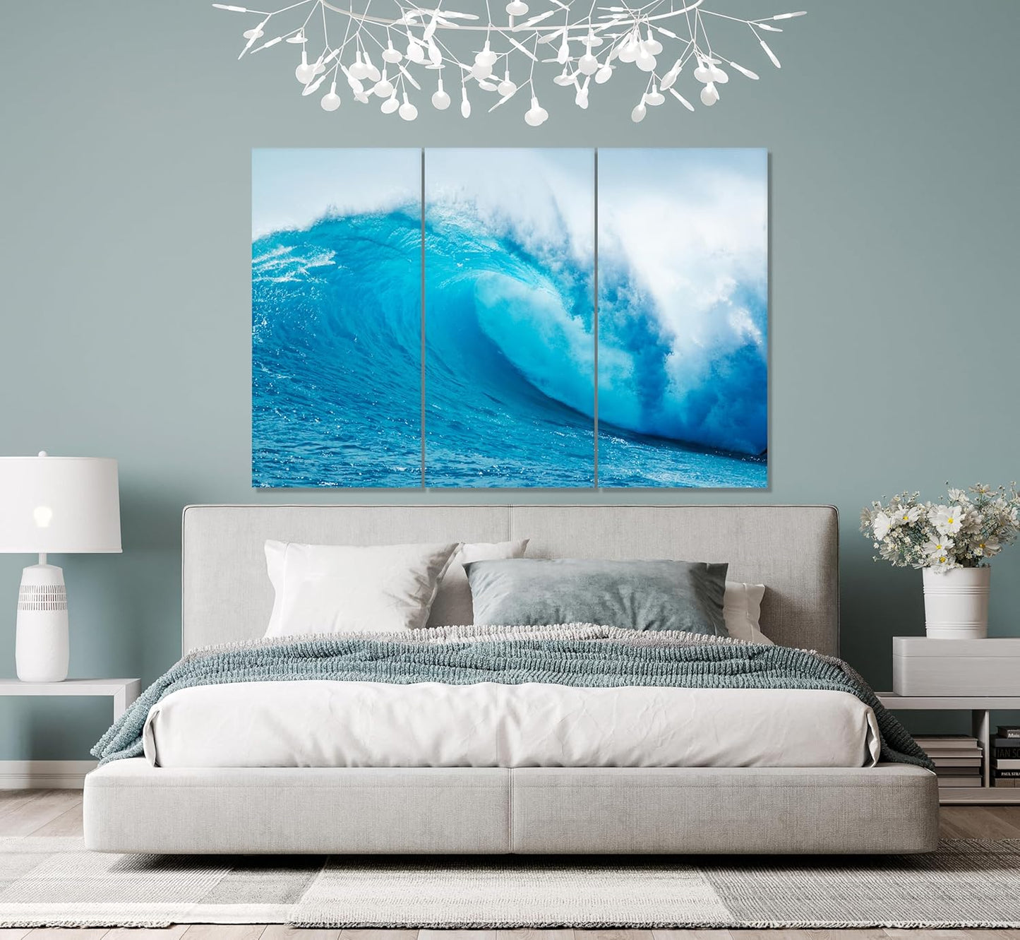Nature Wall Art Prints - Ocean Forest Mountain Lake Canvas Landscapes - Small to Extra Large Living Room Bedroom Kitchen Bathroom Décor (Blue Ocean Wave, 35L" x 53W" - 3 Panels)
