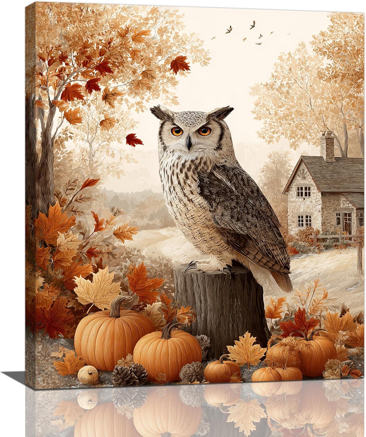 Fall Owl Wall Art Autumn Pumpkin Leaves Wall Decor Rustic Canvas Print Farmhouse Pictures Painting Print Framed Artwork Decorations Gifts for Living Room Bathroom Bedroom Office 20"x24"