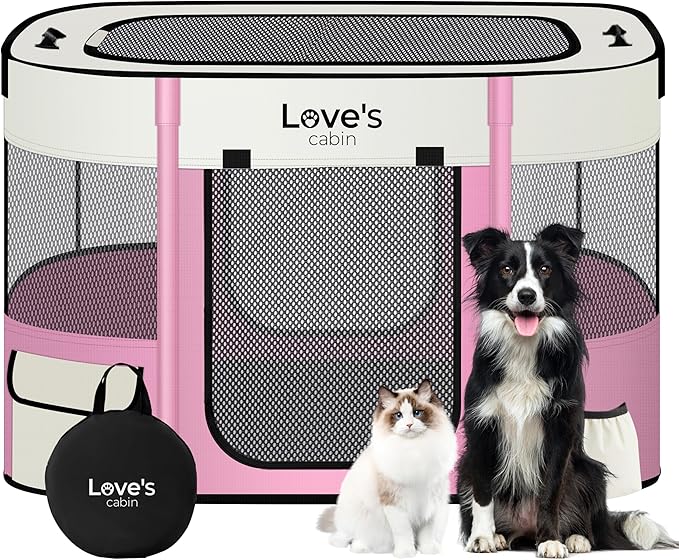 Love's cabin Pet Puppy Dog Playpen, Small Dog Tent Crates Cage Indoor/Outdoor, Portable Exercise Playpen for Cat, Foldable Pop Up Dog Kennel Playpen with Carring Case (S, Light Pink)