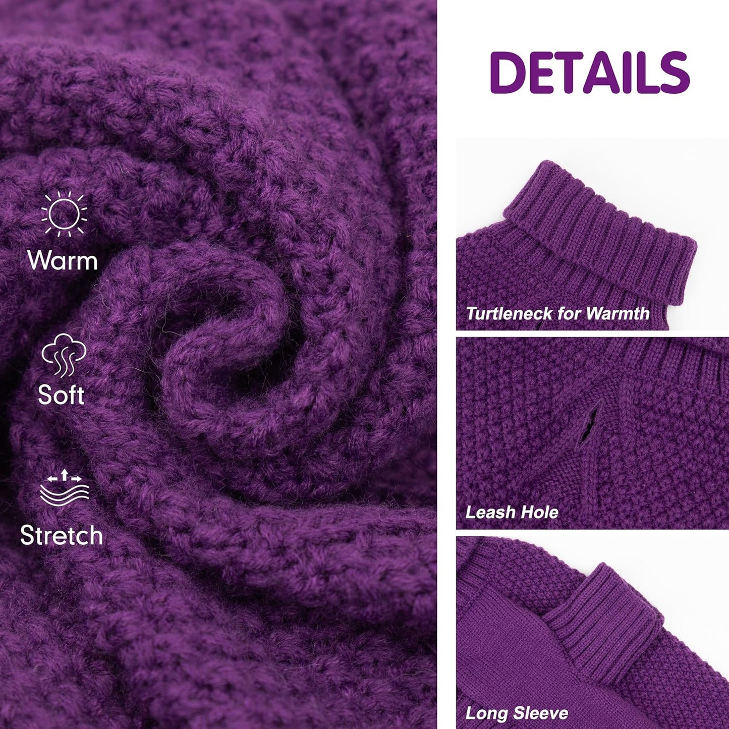 cyeollo Dog Sweater Pullover Turtleneck for Dogs Girl, Classic Knitwear Fall Winter Cold Weather Doggie Clothes Warm Pet Apparel Small Dog Sweaters, Purple S